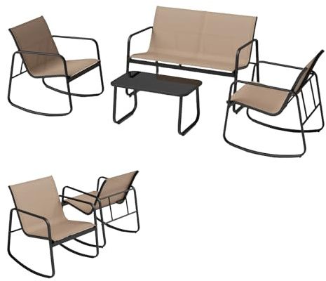 KOMFOTTEU Ensemble de Salon de Jardin 4 Pièces pour 4 Personnes, Set de Meubles de Jardin, 2 Chaises à Bascule, 1 Canapé et 1 Table Basse, Mobilier d’Extérieur, pour Cour, Patio, Terrasse (Marron)