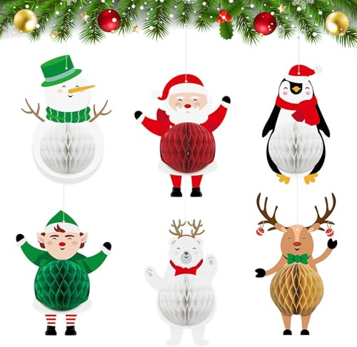6 decorazioni natalizie in carta a nido d'ape, decorazioni natalizie da appendere, ornamenti da appendere a nido d'ape, Babbo Natale, elfo, renna, pupazzo di neve, pinguino, per Natale e Capodanno
