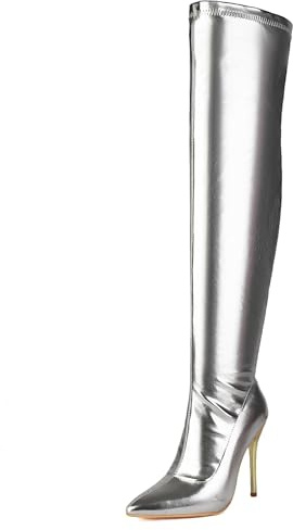 Lizoleor Tacco a Spillo Side con Cerniera Appuntito Donna Stivali Sopra Il Ginocchio Shiny Vernice Sposa Solid Color Long Stivali da Vestito Argento Numero 37 EU/38Cn