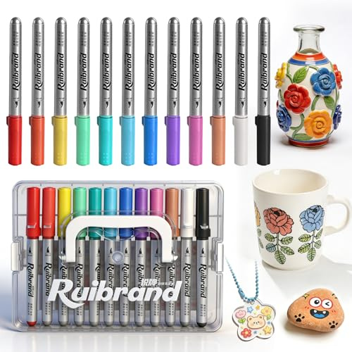 OCCOUMR Porzellanstifte Spülmaschinenfest 12 Farben Wasserbasierte Glasmalstifte 1.0-6.0mm Keramik Bemalen Set zum Bemalen von Tasse Keramik Stein Holz Metall DIY-Bastelprojekte