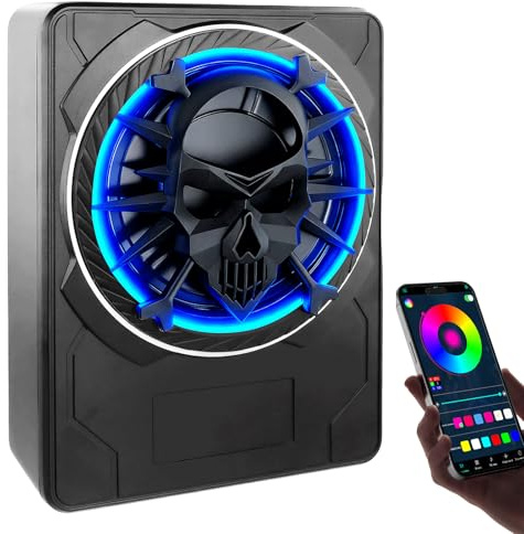 Subwoofer activo para automóvil, montable bajo los asientos, con potencia máxima 1200W, módulo amplificador integrado, diseño compacto y elegante, iluminación ambiental RGB controlada por aplicación