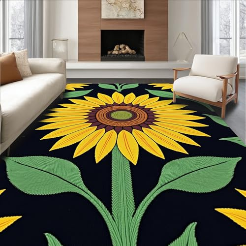 Design&I Flatwoven Area Rug 4x6 ft, Blooming Sunflower Latch Hook Cushion Needlework Project, Machine Washable, Stain Resistant Indoor Rug for Living Room, Bedroom, Non Slip Decor (Pad)