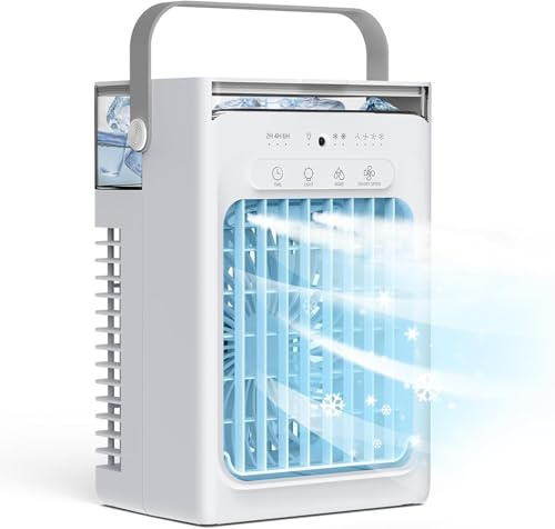 Mini Condizionatore Portatile 3-in-1, Serbatoio Acqua 1L, 4 Velocità Regolabili, 3 Timer, Luce RGB Integrata, Raffrescatore d'Aria Ultra Silenzioso con Telecomando per Casa Ufficio