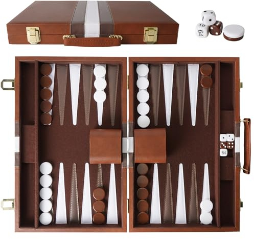 Backgammon, Valigetta Backgammon da 15 pollici, Grande set da back-gammon per adulti, Back-gammon gioco da tavolo, per gli appassionati di campeggiatori e viaggi (con dadi e raddoppiatori)