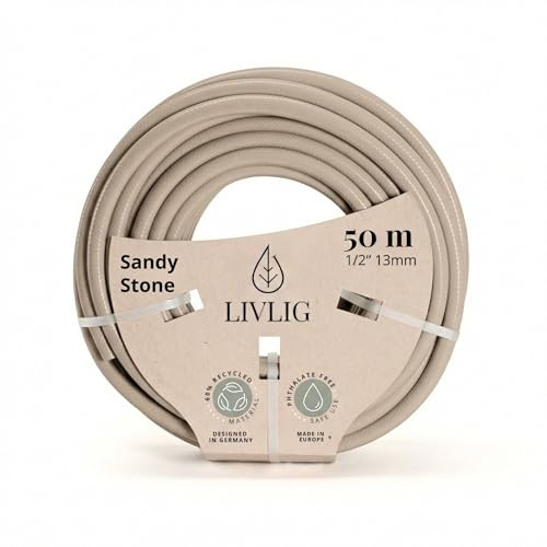 LIVLIG Trädgårdsslang, 50 m, flexibel premiumvattenslang av 60 % återvunnet material, UV-beständig, böjbeständig, design trädgårdsslang 1/2 tum, beige
