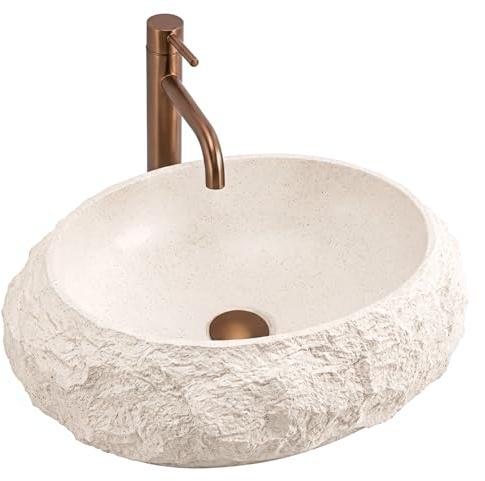 Rea - Lavabo Da Appoggio, Mika, Ovale Beige, Pietra Artificiale