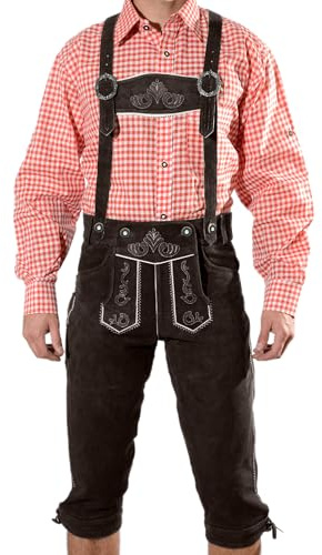 Bayersk premium herrkostymläderbyxor, traditionella läderbyxor med remmar, original i mörkbrun/medelbrun/svart, oktoberfest, storlek 44–60