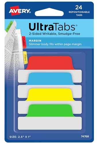 Avery Margin Ultra Tabs, 2.5 x 1, 2-Side Writable, Assorted Colors, 24 Repositionable Page Tabs (74768)