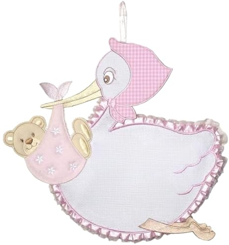 FIOCCO NASCITA/COCCARDA CICOGNA CON AIDA RICAMABILE a punto croce ROSA Lavorato del tutto a mano