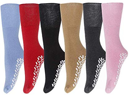 6 Pairs of Womens Non Skid/Slip Medical Socks, Cotton With Rubber Gripper Bottom, Assorted Colors, Size 9-11