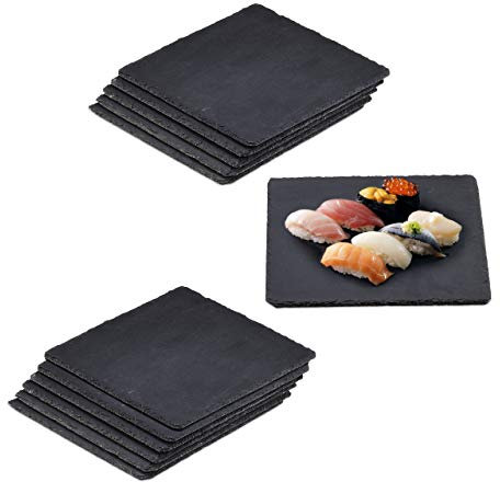 Relaxdays 12 Platos de Pizarra, 25 x 25 cm, para Servir y Escribir, Buffet, Bandeja Piedra Cuadrada, Antracita