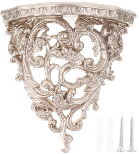 European-Style Resin Floating Wall Shelf, Vintage Hollow Carving Wall Decor, Gold Mounted Flower Shelf for Living Room, Kitchen, Bathroom, 8.07X7.48X4.05 Inch