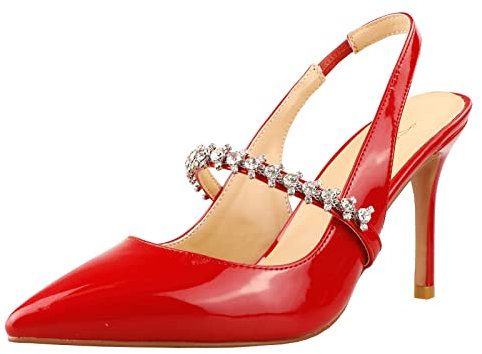 Lutalica W Women's Patent Leather Pointed Toe Glitter Crystal Strappy Mid High Heel Dress Slingback Pumps Red Size 40