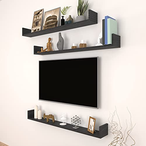 [en.casa] Set de 3 Étagères Murales pour Entrée Salon Cuisine Meuble de Rangement Multi-Usages Capacité 3 x 10 kg Panneau de Particules 12 x 120 x 15 cm Marbre Noir