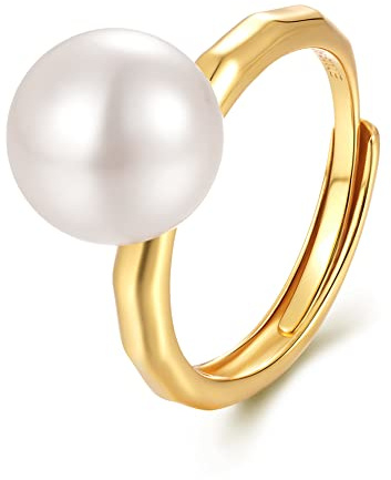 SKAIJEWEL pärlringar blomma silver 925 dam ringar öppen förgylld justerbar pärlring och 8 mm imitationspärla knapp jubileumspresenter för kvinnor, Sterlingsilver