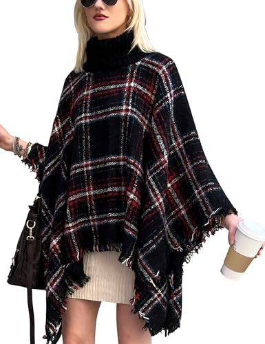 CATCHY & CRAFTY Poncho Knitted Cape Shawl Wrap Cardigan for Women Elegant Pullover Sweater Holiday Warm Gifts (Black Plaid Turtleneck)
