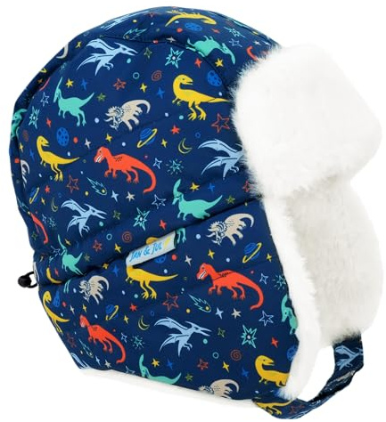 JAN & JUL Boys' Waterproof Insulated Trapper Hat with Faux Fur Lining for Kids (Space Dinos, Size L)