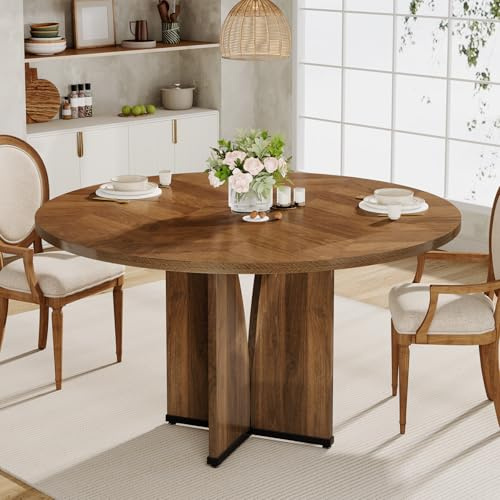 Tribesigns Tavolo da pranzo rotondo, 100 cm, tavolo da cucina in legno per 4 persone, tavolo da pranzo rustico con piano e gambe in legno, tavolo da pranzo rustico marrone per sala da pranzo soggiorno