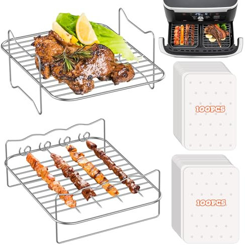 FTUREERA 2 Stück Heißluftfritteuse Grillrost Kompatibel mit Ninja Foodi AF500EU 10.4L Heißluftfritteuse, Airfryer Grillrost mit 200 Stück Backpapier für Ninja Flex Drawer AF500EU