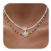 Lameybrt Set di collane da surfista con conchiglie di ciprea, set di girocollo hawaiano fatto a mano da donna, perline di riso bianco con accenti neri, set da 2 pezzi, perfetto per vacanze estive al