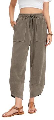 Timuspo Casual Womens Trousers Wideleg Cropped Baggy Capri Pants Elasticated Waist Drawstring Khaki M