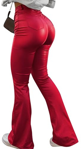 Avanova Women Faux Leather Butt Lifting Leggings Flare High Waist Sexy Bell Bottom Pants Red Medium
