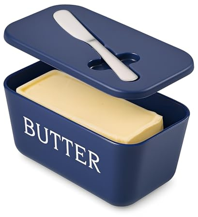 DEHOV Beurrier en Plastique Bleu Avec Couvercle et Coupe-Beurre, Pour 250 g | Grande Capacité, Lave-Vaisselle, Plastique Polypropylène (PP) de Qualité Alimentaire, Couteau à beurre en acier inoxydable