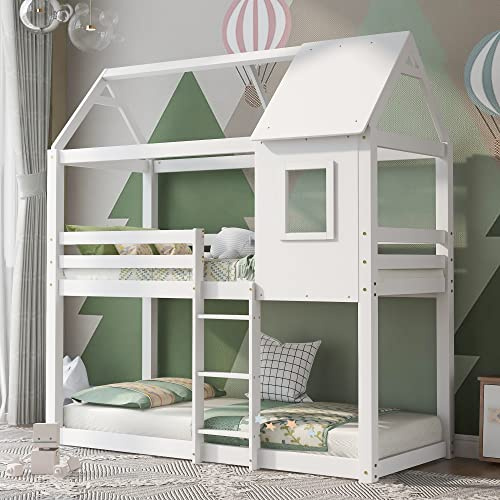EINHOM Bunk Beds for Kids, Cabin Bed with Ladder and Guard Rail, 3Ft Single Bed Treehouse Canopy, Loft Bed, Solid Pine Wood, 90 x 190cm, White (No Mattress)