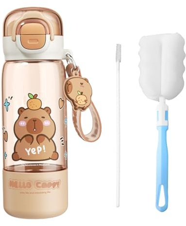 OuryTech Vattenflaska Capybara drickflaska för barn med lock och nyckelring, läckagesäker, silikonhalm, 510 ml för flickor och barn