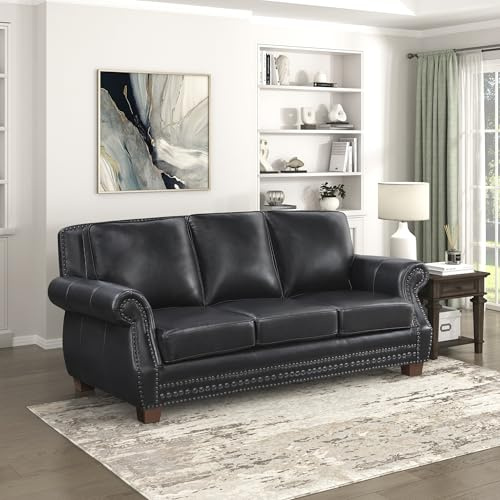 Lexicon 86 W Sofa, Top Grain Leather Match Comfy Sofa with Nailhead Trim, Rolled Arms, Solid Wood Legs, 3 Seater Couch for Living Room/Apartment/Office, Easy Assembly, Black
