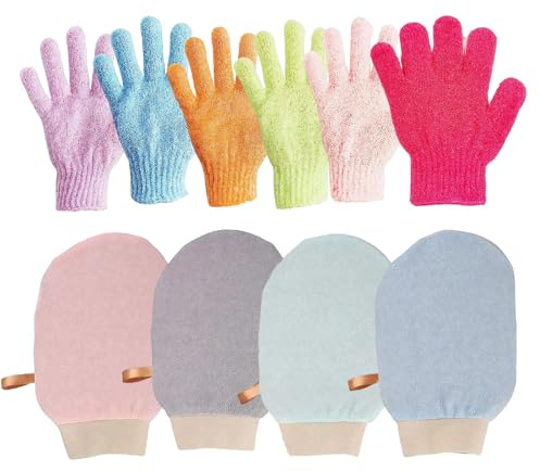 10 Guantes Exfoliantes Corporales, Guantes de Exfoliación Suave para Cuerpo y Rostro, Guantes de Baño de Cinco Dedos para Hombres y Mujeres, Lufa Exfoliante (Blanco+Rosa+Violeta+Verde+Azul)