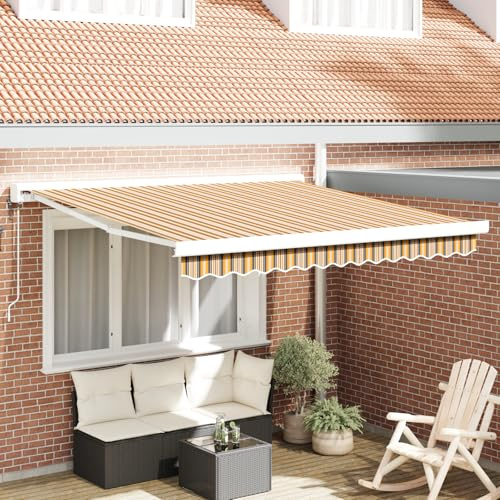 Tenda Retrattile Automatica Rigata Multicolore 300x250 cm per Balcone in Poliestere Verniciato, Motivo Giallo Grigio Bianco, Ombreggiante Esterno Durevole e Pratico Questo