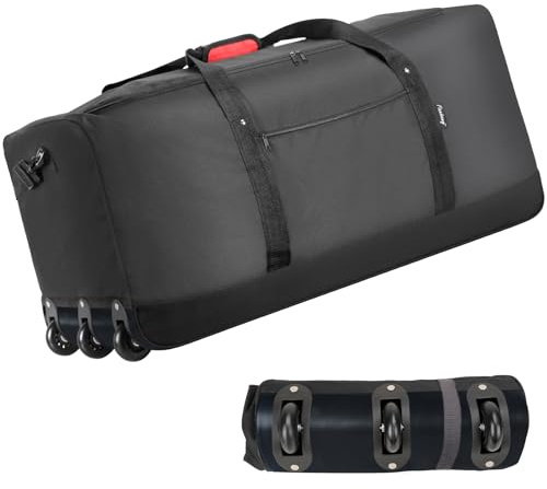 Finnhomy 120L Foldable Rolling Duffle Bag with 3 Wheels, Light Weight Travel Bag with Large Loading Capacity, Large Heavy Duty Holdall Bag with Shoulder Strap, Weekend Hand Luggage Bag, Black