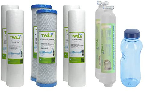 TWaLa GRATIS Tritan Trinkflasche 0,5L + Wasserfilter Set 10 8-teilig Umkehrosmose Anlage RO Sediment Aktivkohleblock Aktivkohlegranulat 6 Vorfilter + 2 Nachfilter