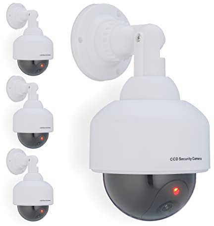 Relaxdays 4 x Kamera Dummy, blinkendes LED-Licht, innen & außen, Einbrecher Abschreckung, Überwachungskamera Attrappe, weiß