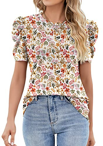 Ivicoer Cute Summer Tops for Women Puff Short Sleeve Tshirt Loose Fit Work Blouses Fashion Boho Floral Shirt Casual Spring Tops 2025 L