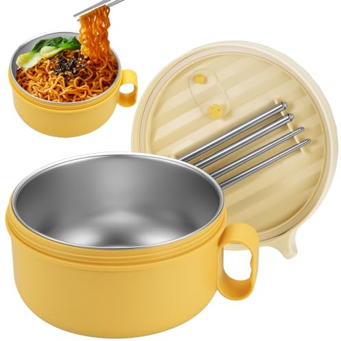 Hejo Ramen Schüssel mit Deckel, 1200ml Instant-Nudeln Schüssel aus Edelstahl, Tragbare Thermoschüssel mit Griff und Stäbchen, Auslaufsich Nudelschüssel für Familien, Büro, Outdoor (Beige, Gelb)