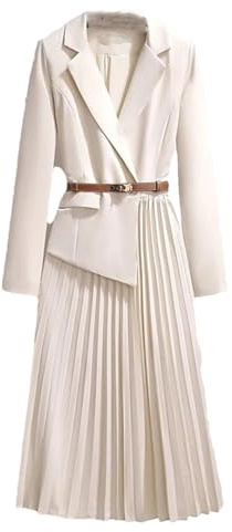 Vestito Blazer da Donna Tinta Unita Maniche Lunghe Risvolto Dentellato Cintura Ufficio Vestito Midi Plissettato, Bianco crema, XL