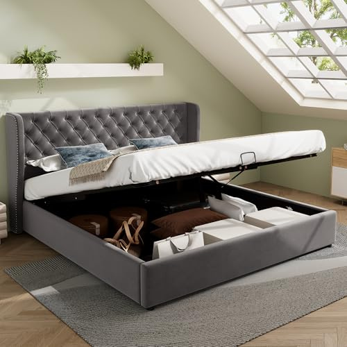 Lit Double Velours Capitonné 140x190 avec Sommier Rembourré et Coffre de Rangement