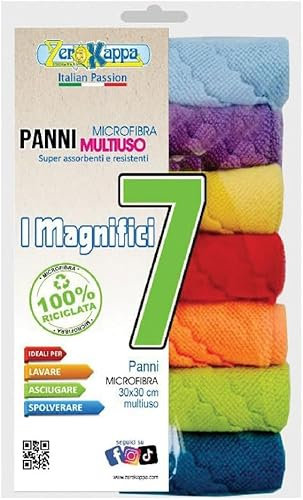 zerokappa PANNO IN MICROFIBRA MULTIUSO 'MAGNIFICI 7' - cm 30 x 30, Ideale per Pulizia Auto, Casa e Ufficio, Alta Assorbenza, Non Graffia né Lascia Aloni, Lavabile e Riutilizzabile