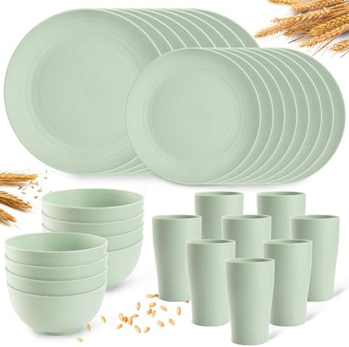 Gudvilla Camping Plates Cups and Bowls Set Green Reusable Microwave Safe Lightweight Unbreakable Plastic Dishes Set for Kids Elderly Kitchen Adults Outdoor,32 Pcs Holiday Dinnerware Sets for 8