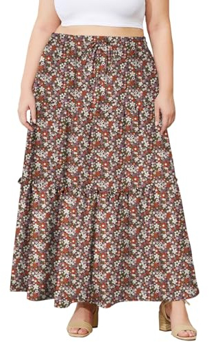 Moon Wood Jupe Longue Femme Boheme Elastique Taille Haute Jupe Trapeze Femme Volant Plissée avec Poches Maxi Skirt Décontractée Élégante Floral 03 3XL