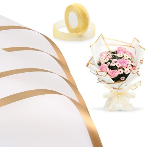 20 Feuilles de Papier Cadeau Fleuriste Imperméable (58x58 cm), Emballage avec Ruban pour Bouquets/Artisanat, Papier Emballage Fleuriste Papier Bouquet de Fleur