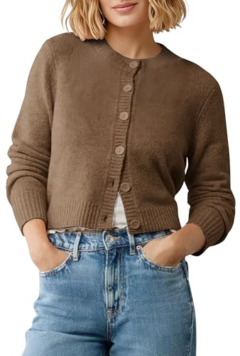 EXCHIC Donne Cozy Maniche Lunghe Apri Fronte Corto Cardigan Adatta Slim Collo Rotondo Pulsante Giù Maglione Giacca(S, caffè Erica)