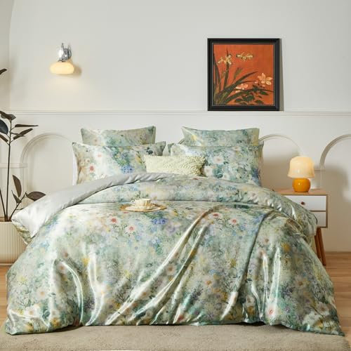 YASMENG Satin Bed Linen 200 x 200 cm Colourful Flowers Floral Motifs Satin Bed Linen Shiny Smooth Deluxe Duvet Cover Set Soft Silky Silk Bed Linen 3-Piece with Zip and 2 Pillowcases 80 x 80 cm