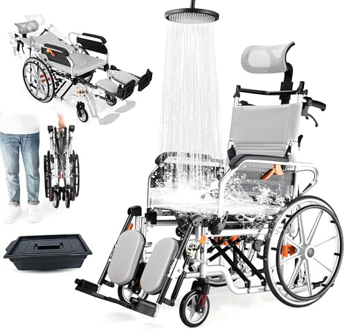 Tripaide 3in1 180° Reclining Transport Wheelchairs with 18.5in Wide seat, Lightweight Travel Transit WheelchairsWheelchair Foldable, Shower Bathroom Wheelchair, Portable Self-Propelled Wheelchairs