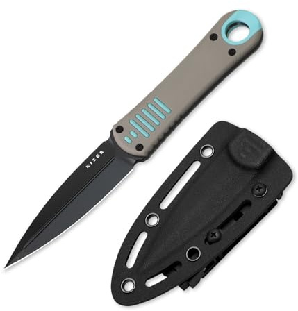 Kizer Hidden Agenda Fixed Blade Knife Dagger, 3.5 AEB-L Dual Edge Blade EDC Knife with Gray & Blue G10 Handle, Compact Hunting Fixed Blade Knives with Sheath for Hiking & Camping 1083A3