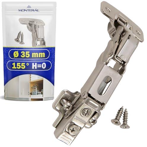 Cerniera per Ante Cucina con Angolo di Apertura 155° - Dotata di Sistema Soft-Close Clip-On - Montaggio Cerniera per Mobili H=0 Ø 35 mm - Include 2 Viti - Garanzia di 10 Anni - MONTERAL