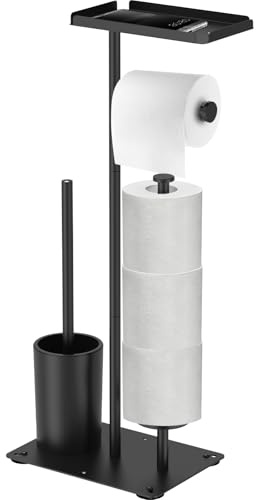 Porte-papier toilette debout brosse et étagère - Ultra grand - Avec brosse WC - Support de rouleau de papier toilette debout - En acier inoxydable - Noir
