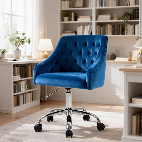 Fiximaster Silla Escritorio, Silla tocador con Ruedas, Altura Regulable y cojín Grueso, Patas de Metal, Ideal para Oficina y tocador, Terciopelo (Azul)